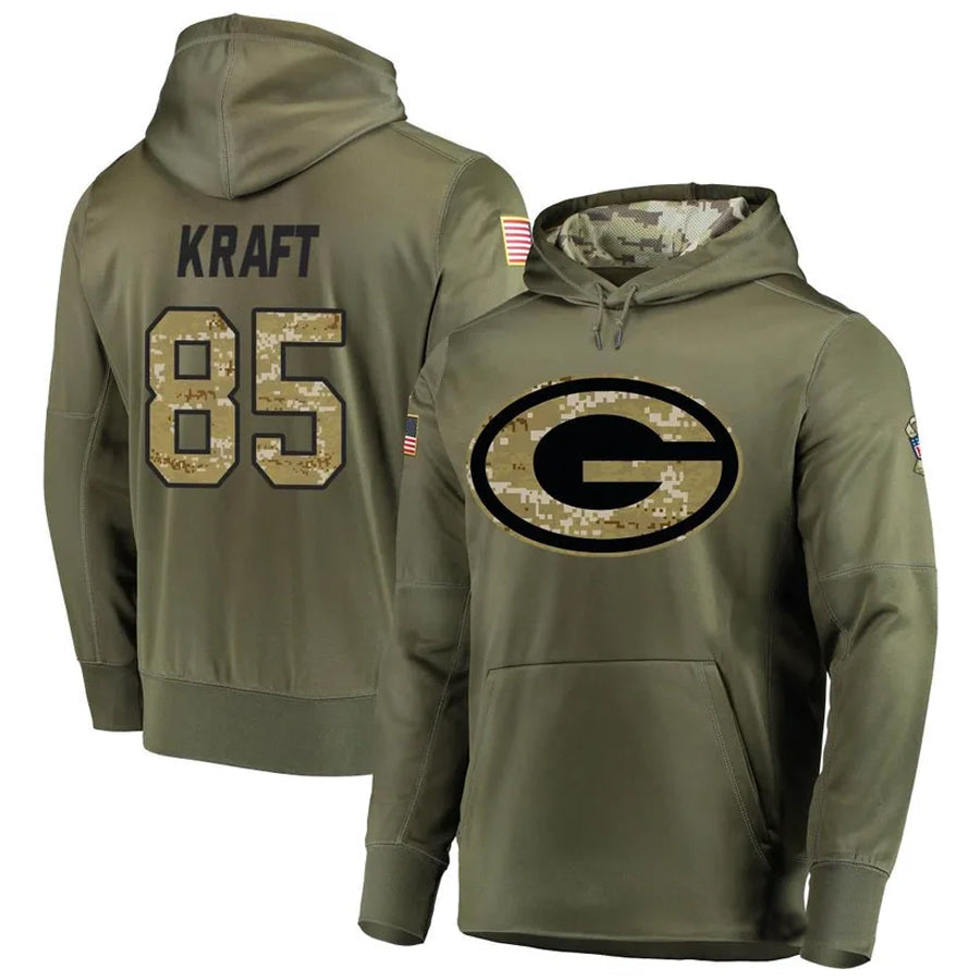 GB.Packers #85 Tucker Kraft Player Olive Salute to Service Pullover Hoodie Game Football Jerseys