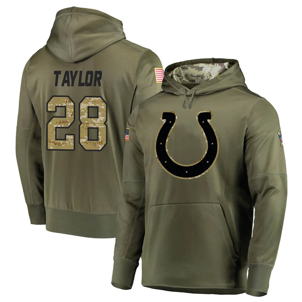 IN.Colts #28 Jonathan Taylor Player Olive Salute To Service Hoodies Football Jerseys