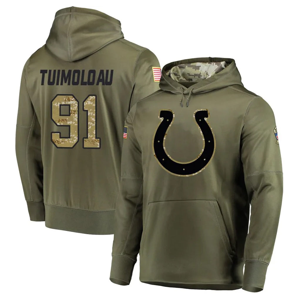 IN.Colts #91 JT Tuimoloau Player Salute to Service Olive Pullover Hoodie Game Football Jerseys