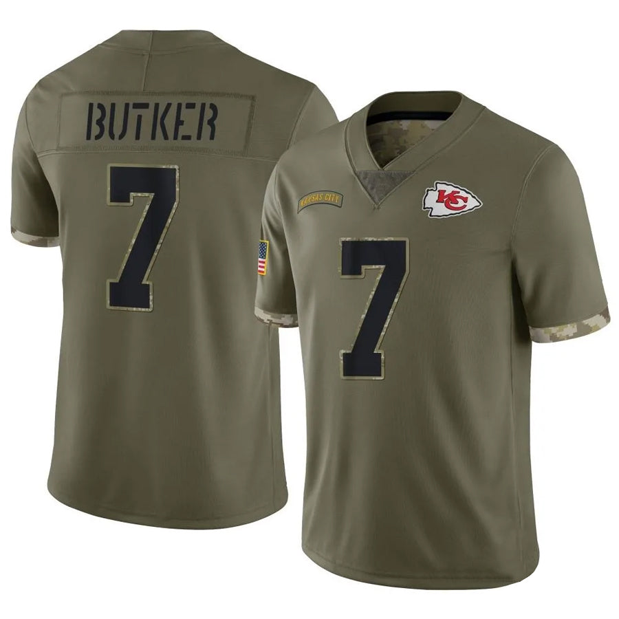 KC.Chiefs #7 Harrison Butker Player Olive Salute To Service Football Jerseys