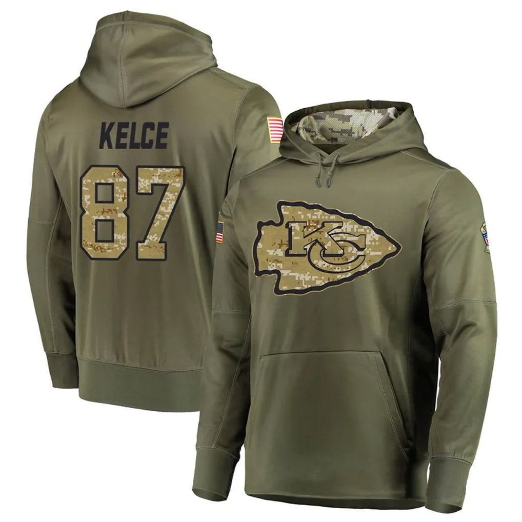KC.Chiefs #87 Travis Kelce Player Salute to Service Limited Olive Hoodies Football Jerseys