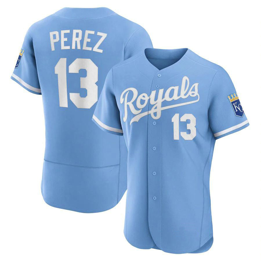 KC.Royals #13 Salvador P����|rez Player Light Blue Authentic Elite Baseball Jerseys