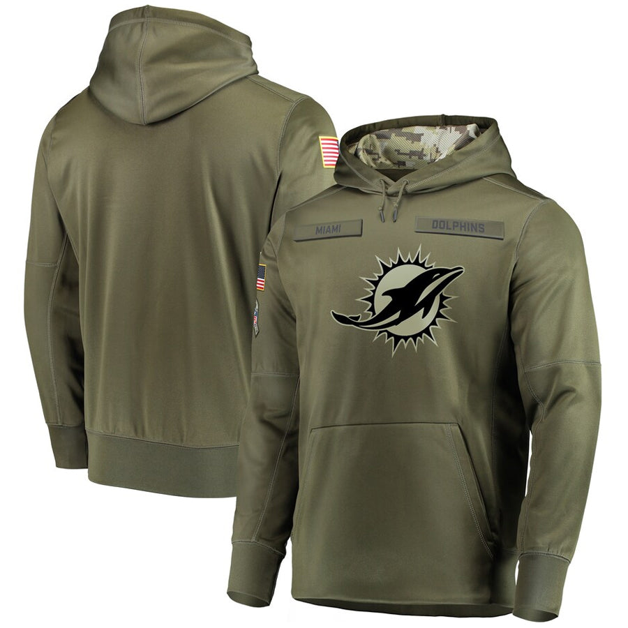 M.Dolphins Olive Salute to Service Sideline Pullover Hoodie Game Football Jerseys