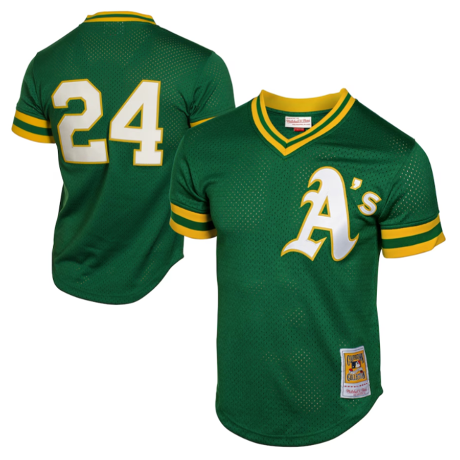 Athletics #24 Rickey Henderson Player Green 1991 Cooperstown Mesh Batting Practice Baseball Jerseys