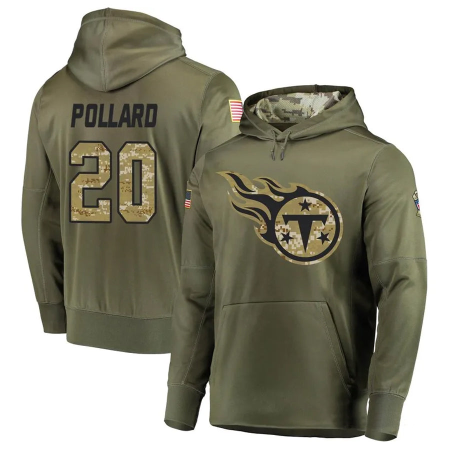 T.Titans #20 Tony Pollard Player Camo Salute To Service Hoodies Olive Football Jerseys