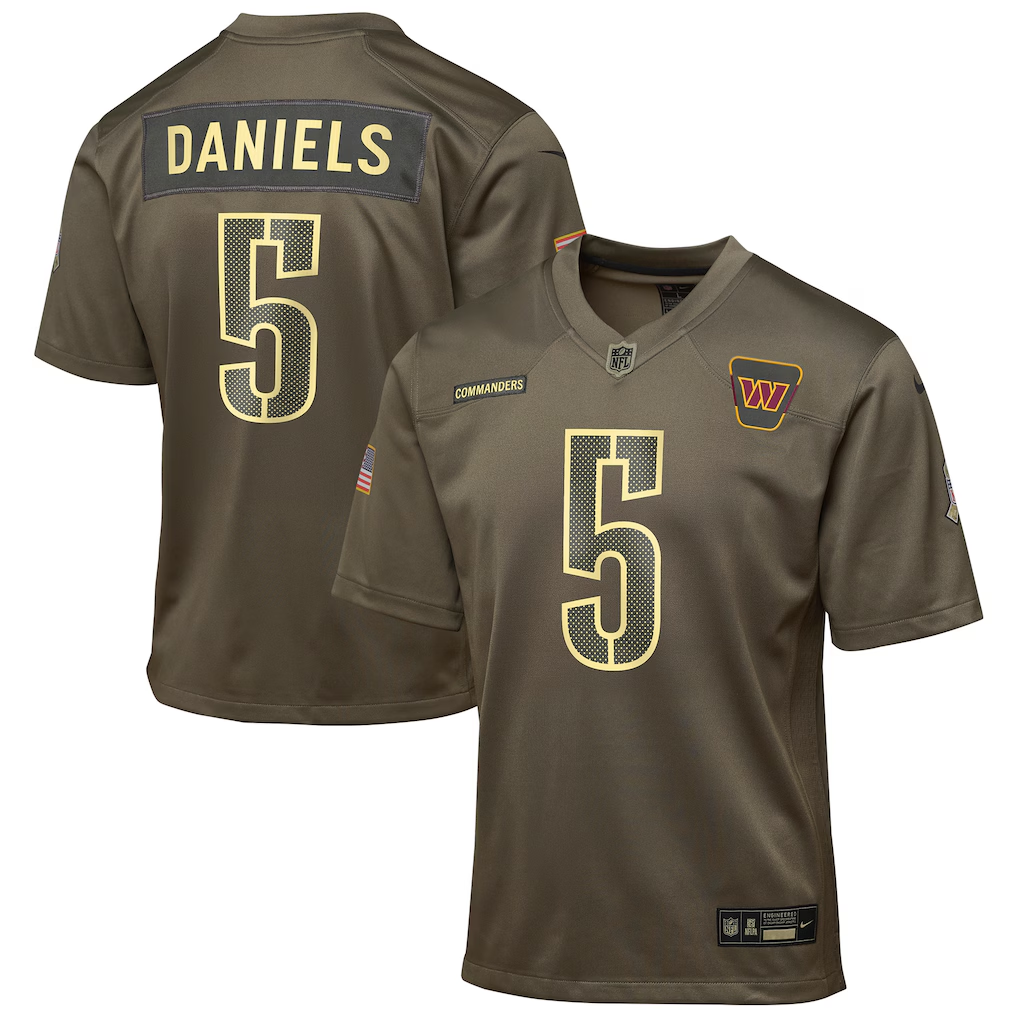 Youth Washington Commanders Jayden Daniels Nike Olive 2025 Salute to Service Game Jersey