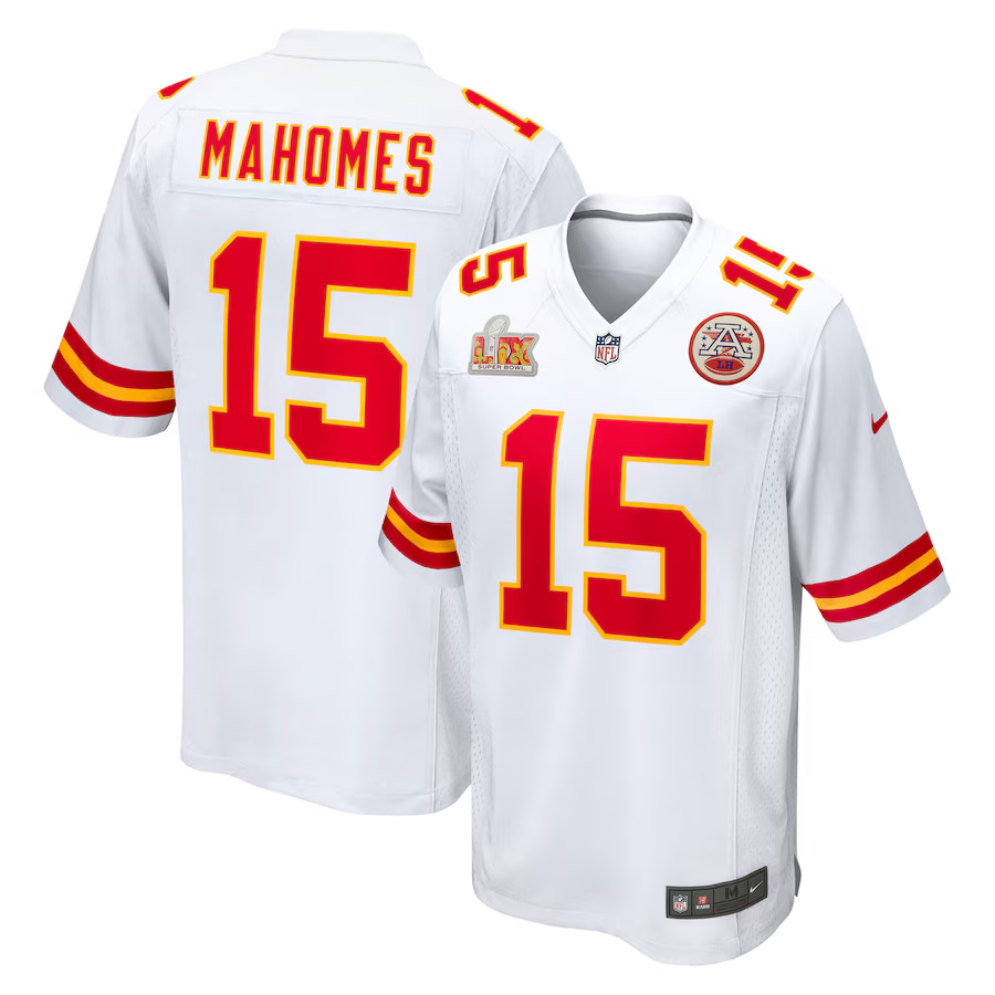 Men's Kansas City Chiefs Patrick Mahomes #15 White Super Bowl LIX Game Jersey1