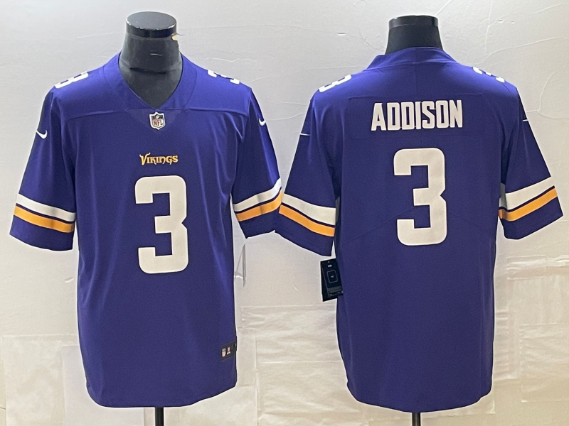 Men's Minnesota Vikings Jordan Addison #3 Purple 2023 NFL Draft First Round Pick Game Jersey1