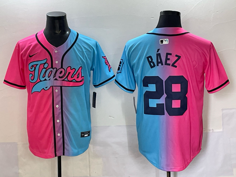 Men's Detroit Tigers Javier Baez #28 Pink/Blue Player Jersey