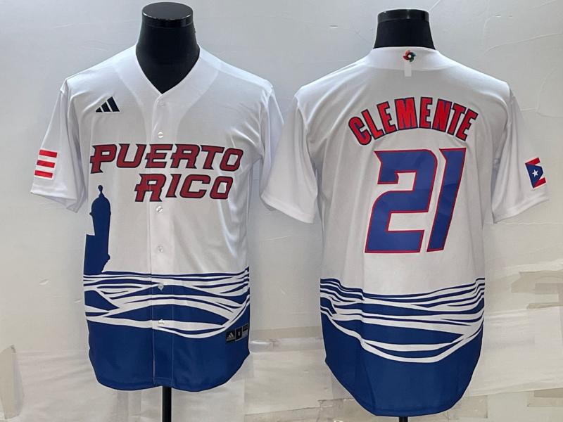 Men's 2023 World Baseball Classic #21 Roberto Clemente Puerto Rico White Jersey1