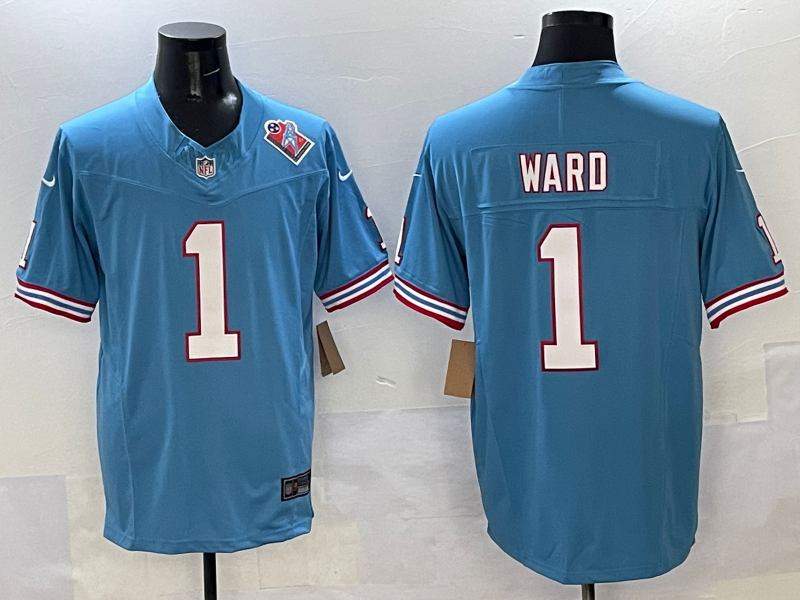 Men's Tennessee Titans Cameron Ward #1 Light Blue 2025 NFL Draft First Round Pick Game Jersey