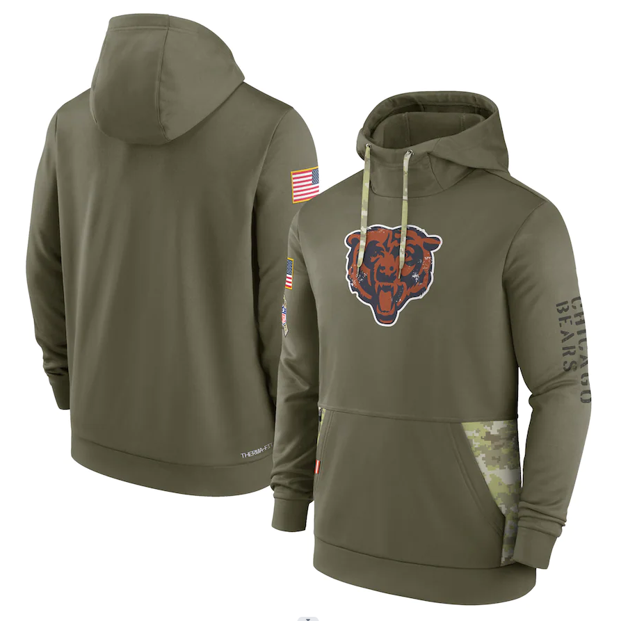 Men's Chicago Bears Olive 2022 Salute to Service Therma Performance Pullover Hoodie1