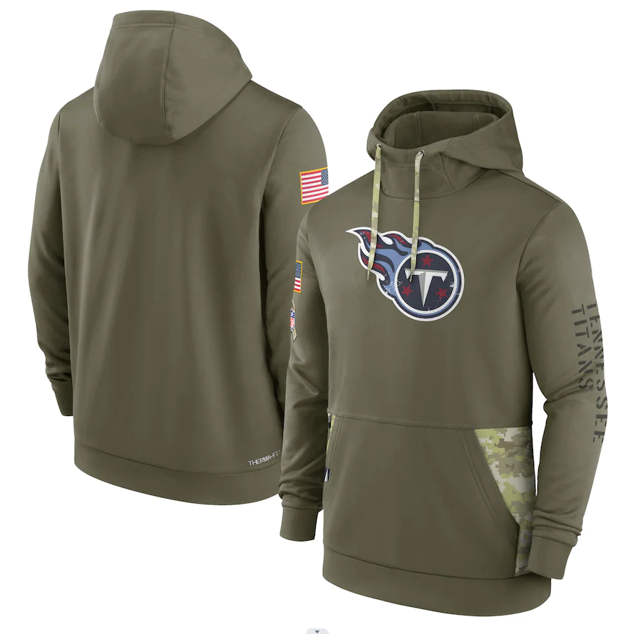 Men's Tennessee Titans Olive 2022 Salute to Service Therma Performance Pullover Hoodie1