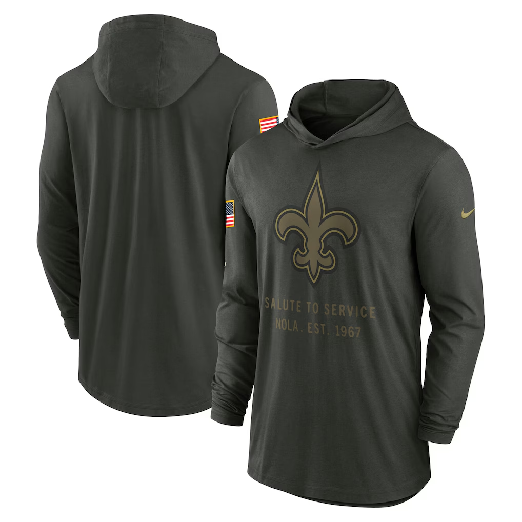 Men's New Orleans Saints Nike Forest Green 2025 Salute to Service Sideline Dri-FIT Lightweight Hooded Pullover