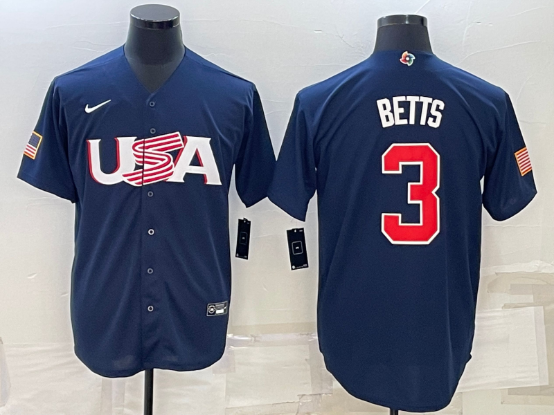 Men's 2023 World Baseball Classic #3 Mookie Betts USA Navy Jersey1