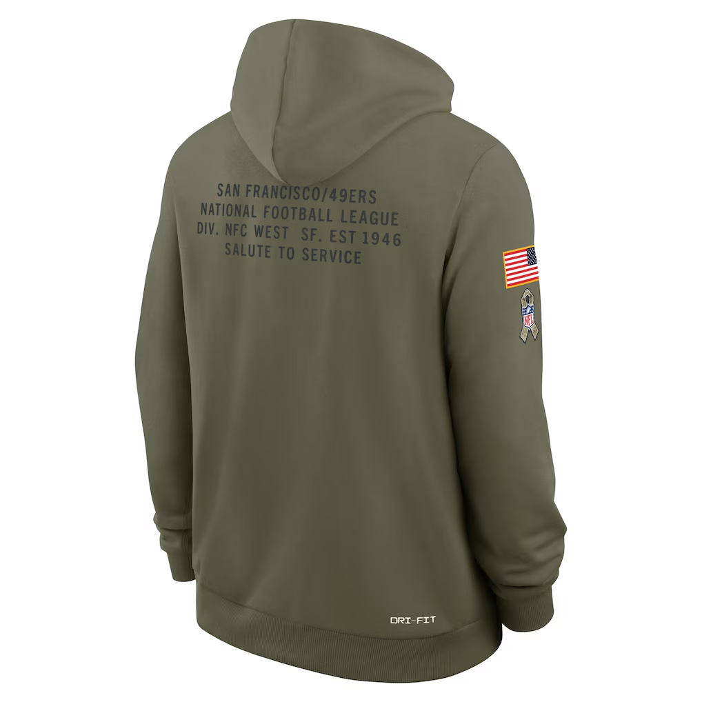 Men's San Francisco 49ers Nike Olive 2025 Salute to Service Sideline Standard Issue Dri-FIT Hoodie