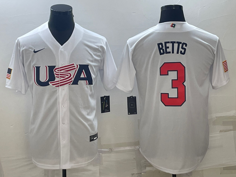 Men's 2023 World Baseball Classic #3 Mookie Betts USA White Jersey1