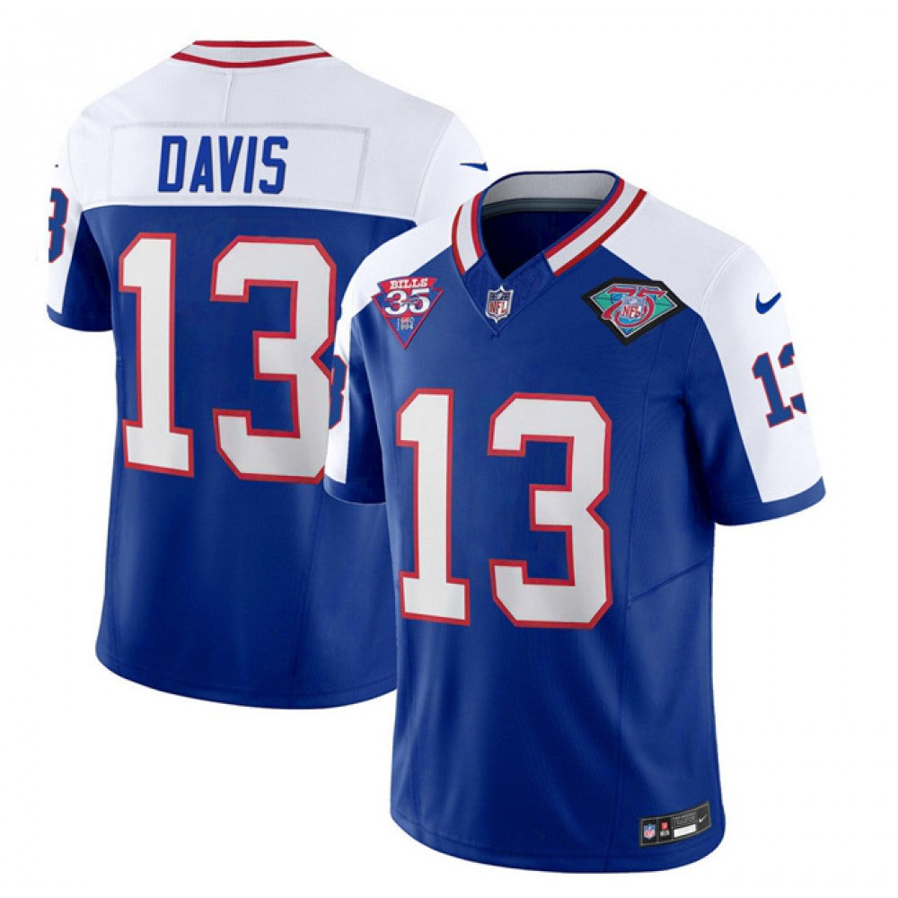 Buffalo Bills #13 Gabe Davis Blue/White 35th And 75th Patch 2023 F.U.S.E. Throwback Vapor Untouchable Limited Stitched Jersey