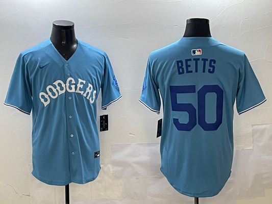 Men's Los Angeles Dodgers Mookie Betts #50 Light Blue Replica Player Jersey1