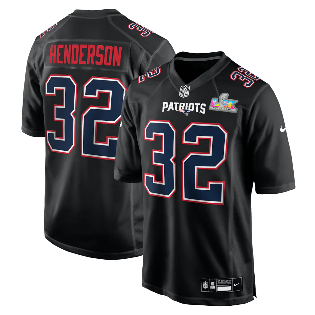 TreVeyon Henderson New England Patriots Super Bowl LX Patch Jersey - Carbon Black